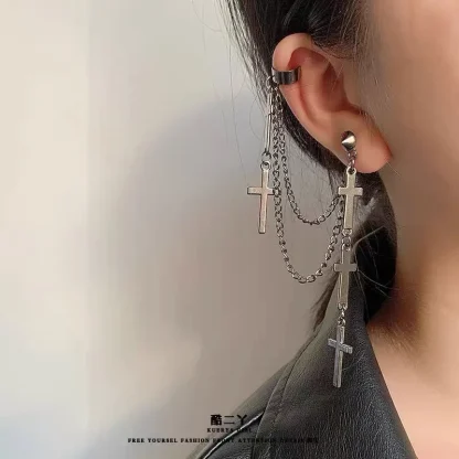 Two Attached Cross Earrings with Clip - Image 2