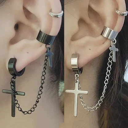 Two Attached Cross Earrings with Clip - Image 12