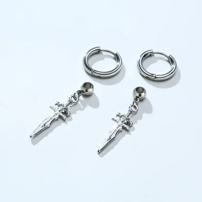 Gothic Huggie Earrings with Sword Shape Dangle - Image 4