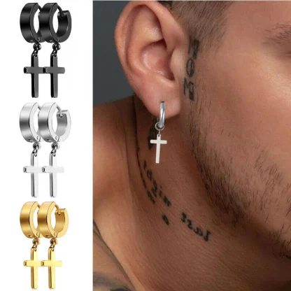 Punk Hoop Earrings with Dangle Cross - Image 6
