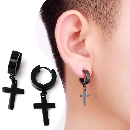 Punk Hoop Earrings with Dangle Cross - Image 2