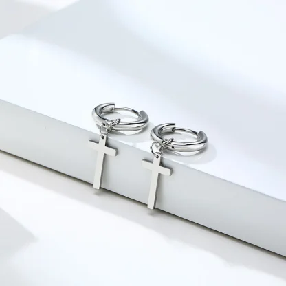Simple Hoop Earrings with Cross Charm - Image 4