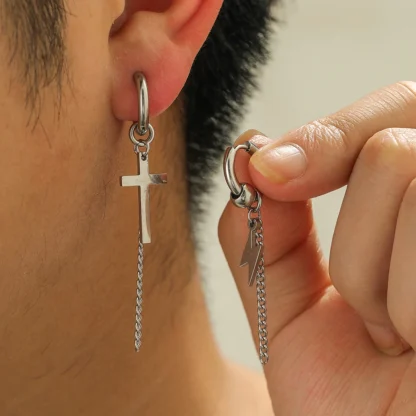 Bold Huggie Earrings with Bar Dangle - Image 2