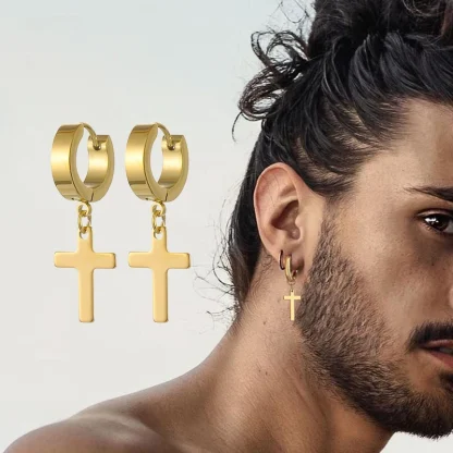 Punk Hoop Earrings with Dangle Cross - Image 4